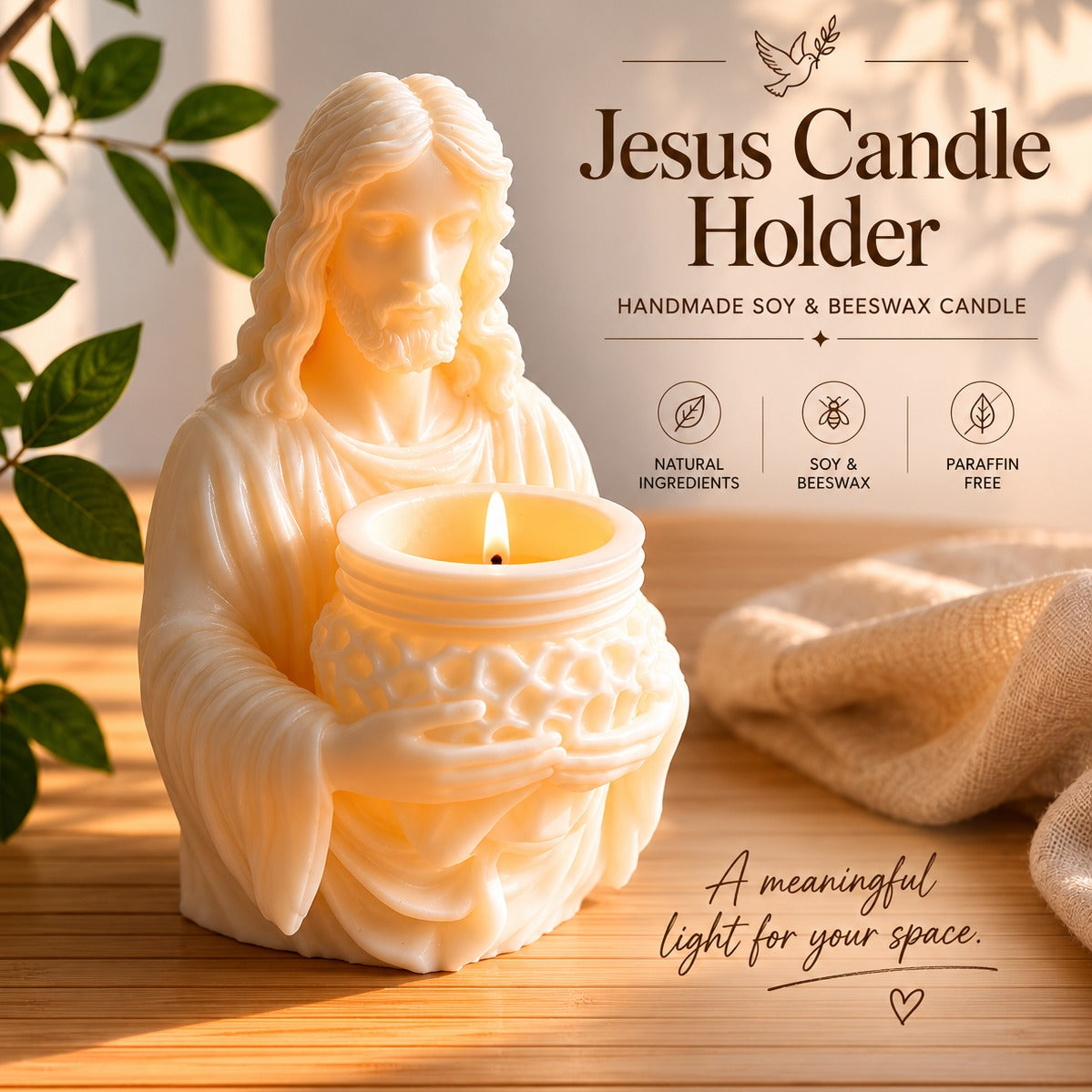 Jesus Candle Holder – Handmade Soy & Beeswax Candle | Christian Home Decor Gift