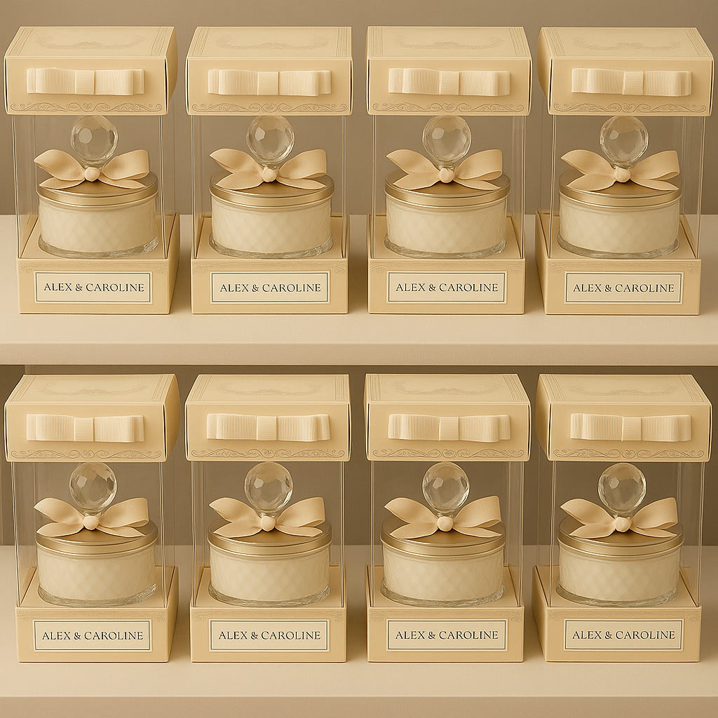 Urun-8 Dainty Soy Wax Candle Wedding Favors: Elegant Candle Favors with Ribbon and Crystal